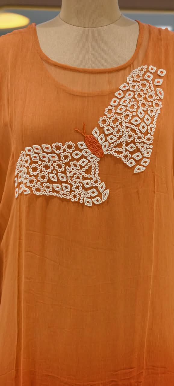 Cut-Dana Butterfly Elegant Embroidery Front Work Beautiful Shades Chinon Kaftan With Matching Inner & Bottom- 16333