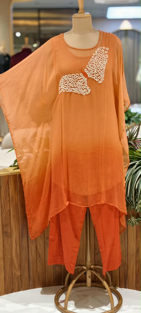 Cut-Dana Butterfly Elegant Embroidery Front Work Beautiful Shades Chinon Kaftan With Matching Inner & Bottom- 16333