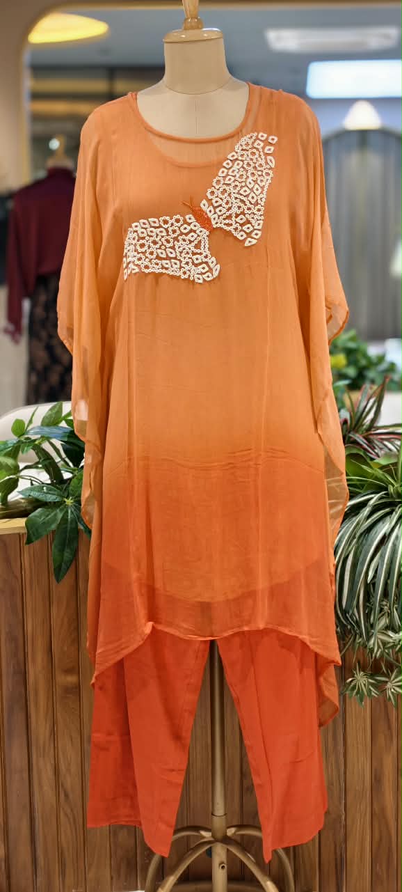 Cut-Dana Butterfly Elegant Embroidery Front Work Beautiful Shades Chinon Kaftan With Matching Inner & Bottom- 16333