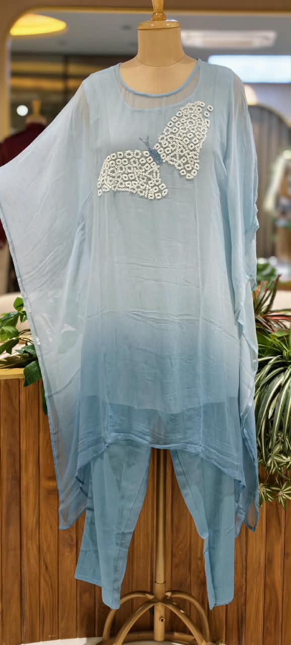 Cut-Dana Butterfly Elegant Embroidery Front Work Beautiful Shades Chinon Kaftan With Matching Inner & Bottom- 16333
