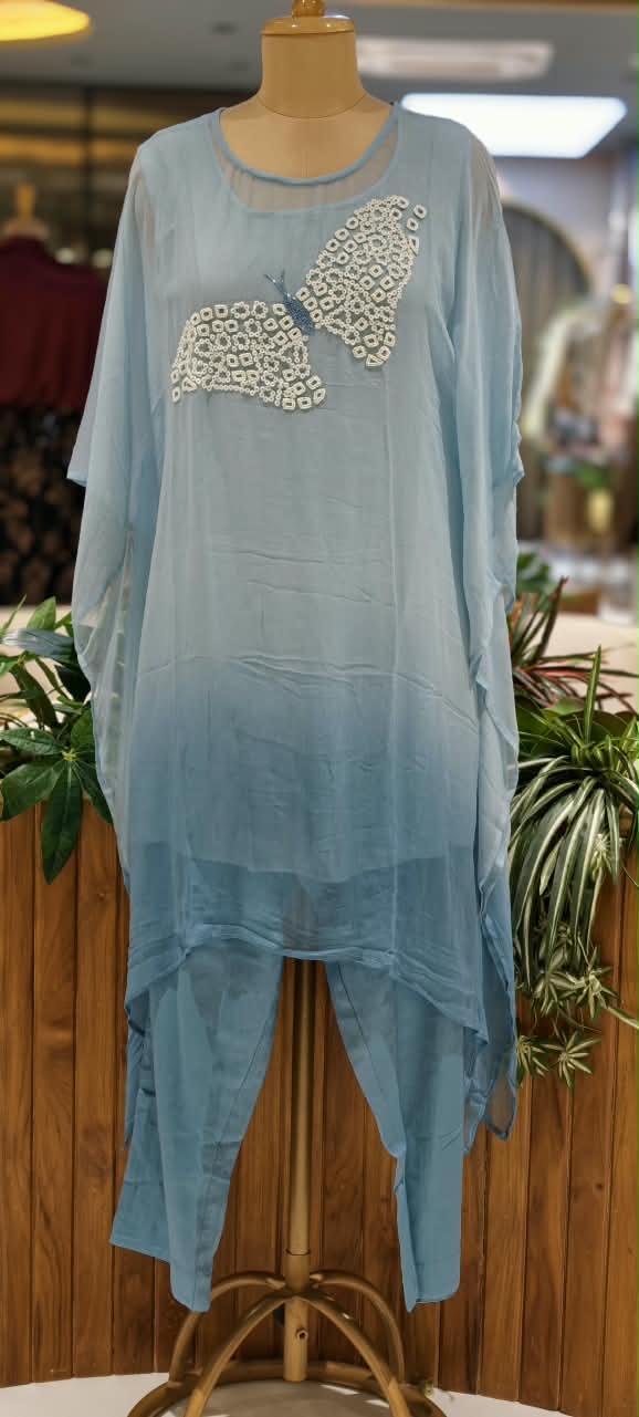 Cut-Dana Butterfly Elegant Embroidery Front Work Beautiful Shades Chinon Kaftan With Matching Inner & Bottom- 16333