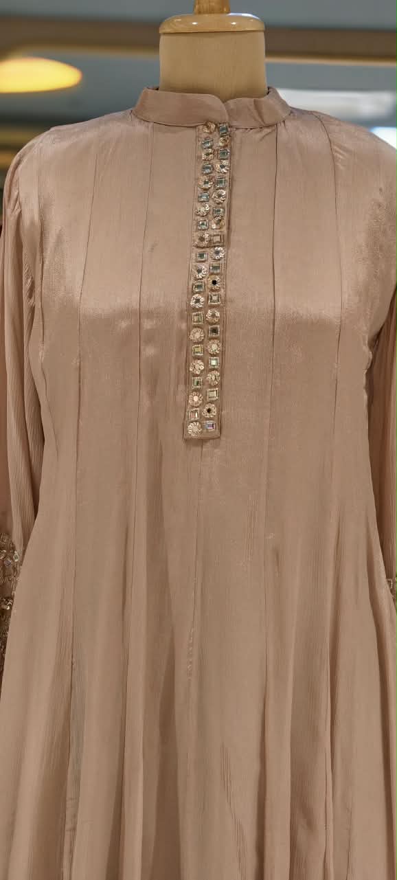Pastel Tone Elegant Stone Work Over Neckline & Sleeves Full Neck Chinon Panel Anarkali Full Suit Set With Dupatta- 16305
