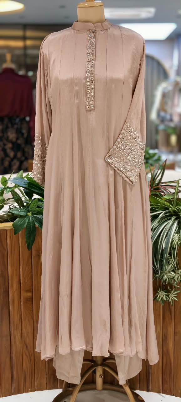 Pastel Tone Elegant Stone Work Over Neckline & Sleeves Full Neck Chinon Panel Anarkali Full Suit Set With Dupatta- 16305