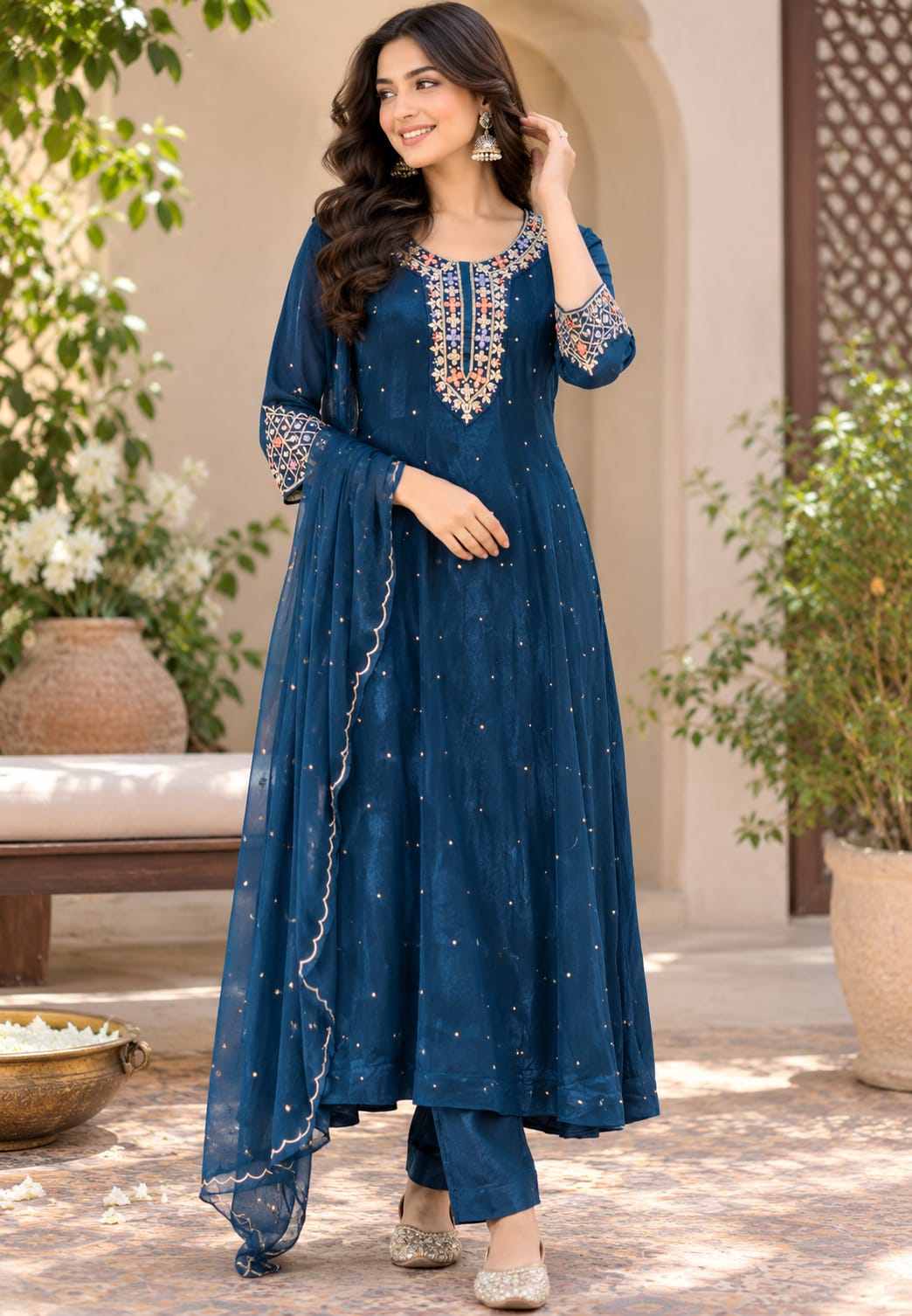 Royal Vibrant Shade Intricate Embroidered Neckline Scattered Stone Chinon Panel Anarkali Full Suit Set With Dupatta- 16328