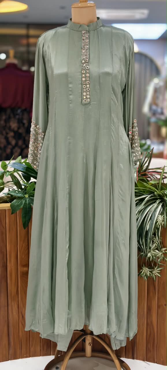 Pastel Tone Elegant Stone Work Over Neckline & Sleeves Full Neck Chinon Panel Anarkali Full Suit Set With Dupatta- 16305