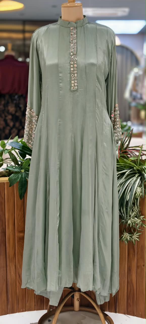 Pastel Tone Elegant Stone Work Over Neckline & Sleeves Full Neck Chinon Panel Anarkali Full Suit Set With Dupatta- 16305