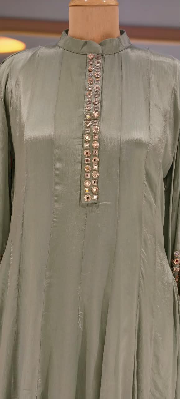 Pastel Tone Elegant Stone Work Over Neckline & Sleeves Full Neck Chinon Panel Anarkali Full Suit Set With Dupatta- 16305