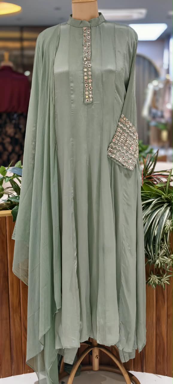Pastel Tone Elegant Stone Work Over Neckline & Sleeves Full Neck Chinon Panel Anarkali Full Suit Set With Dupatta- 16305