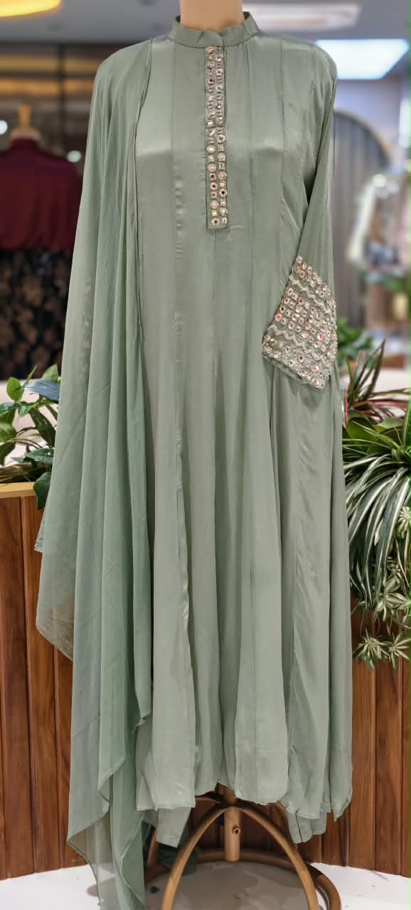 Pastel Tone Elegant Stone Work Over Neckline & Sleeves Full Neck Chinon Panel Anarkali Full Suit Set With Dupatta- 16305