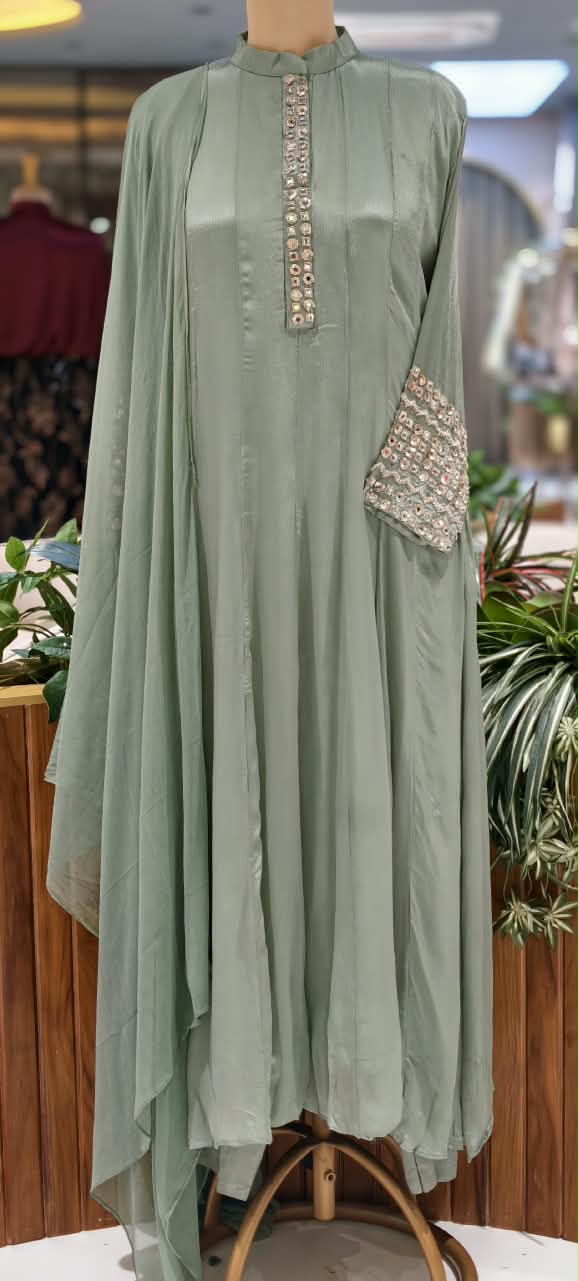 Pastel Tone Elegant Stone Work Over Neckline & Sleeves Full Neck Chinon Panel Anarkali Full Suit Set With Dupatta- 16305