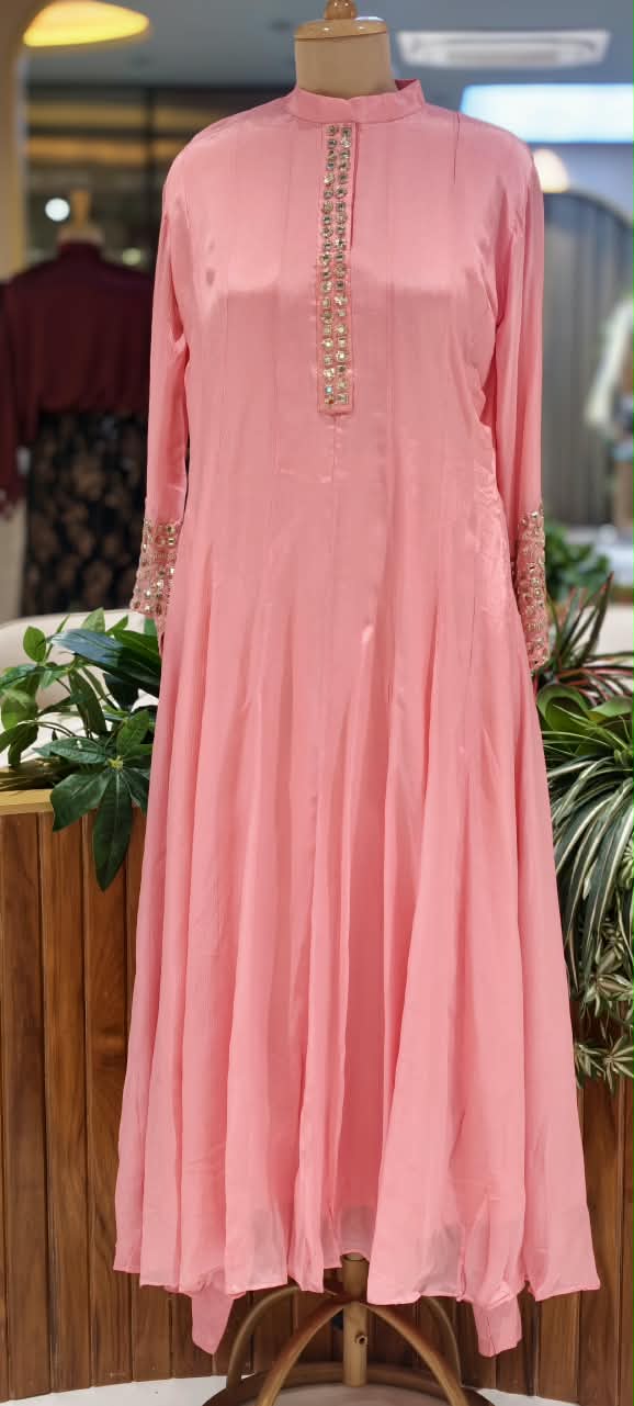 Pastel Tone Elegant Stone Work Over Neckline & Sleeves Full Neck Chinon Panel Anarkali Full Suit Set With Dupatta- 16305