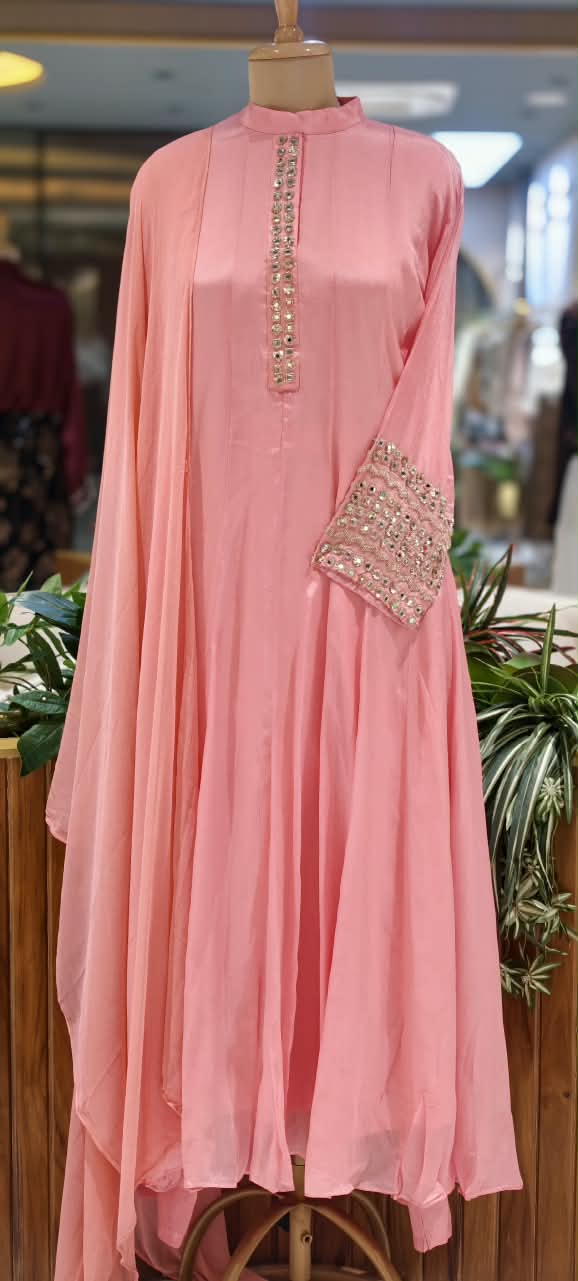 Pastel Tone Elegant Stone Work Over Neckline & Sleeves Full Neck Chinon Panel Anarkali Full Suit Set With Dupatta- 16305
