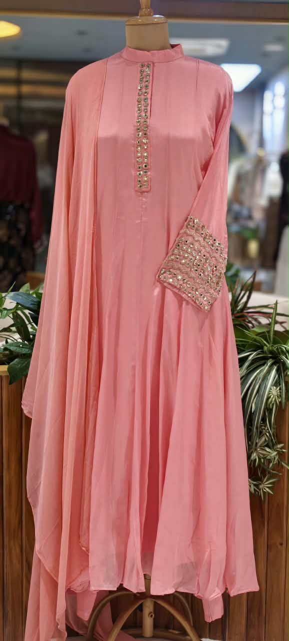 Pastel Tone Elegant Stone Work Over Neckline & Sleeves Full Neck Chinon Panel Anarkali Full Suit Set With Dupatta- 16305