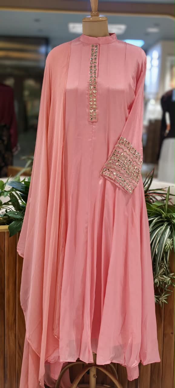 Pastel Tone Elegant Stone Work Over Neckline & Sleeves Full Neck Chinon Panel Anarkali Full Suit Set With Dupatta- 16305
