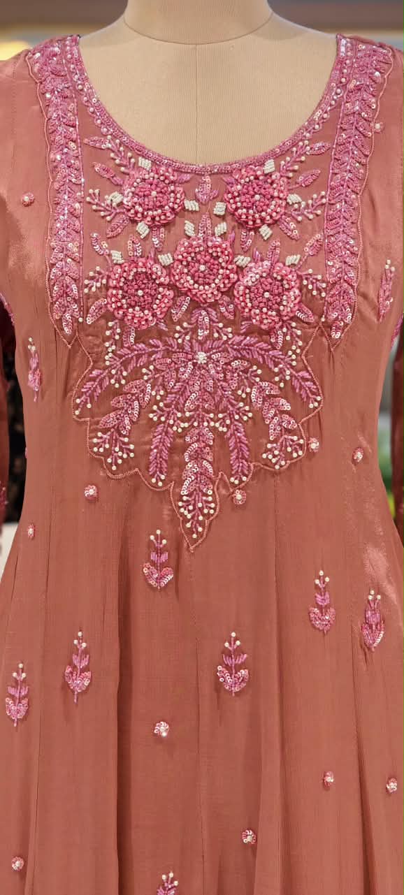 Sequin Elegance Premium Embroidered Yoke Chinon Anarkali Full Suit Set With Dupatta- 16314