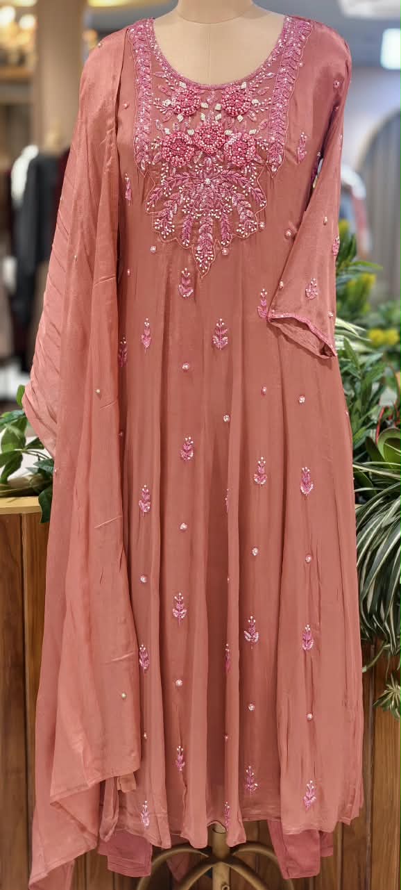 Sequin Elegance Premium Embroidered Yoke Chinon Anarkali Full Suit Set With Dupatta- 16314
