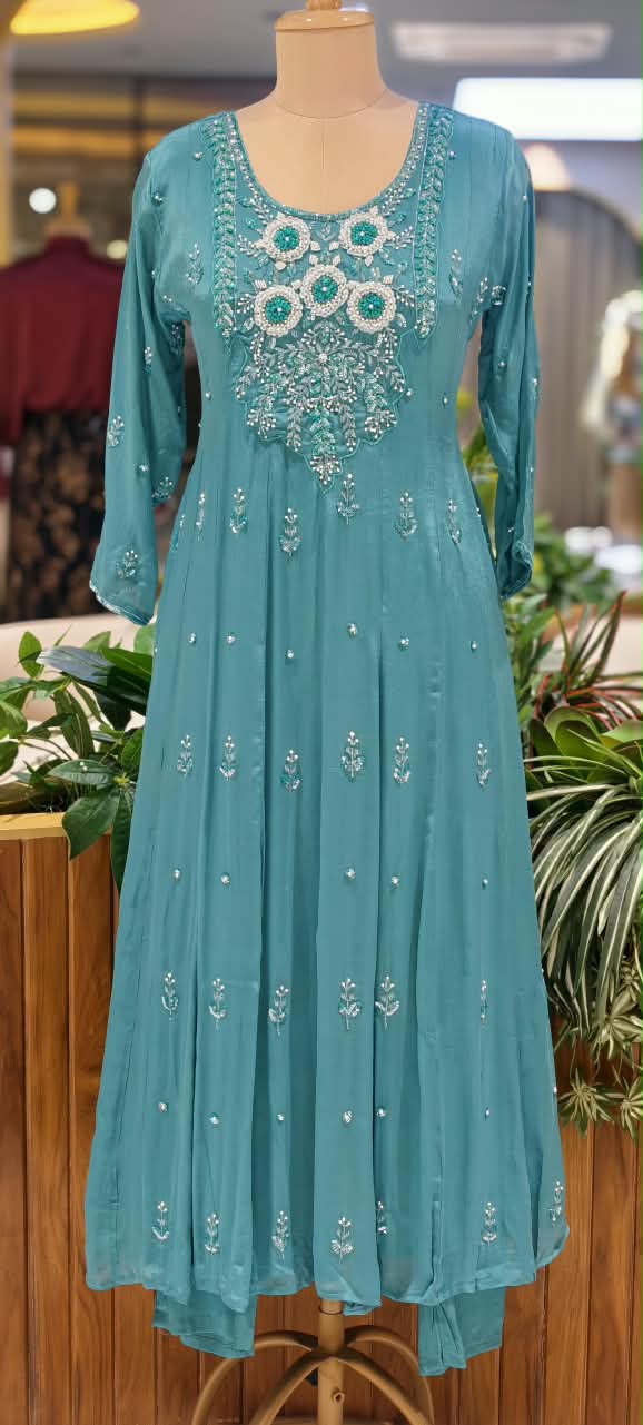 Sequin Elegance Premium Embroidered Yoke Chinon Anarkali Full Suit Set With Dupatta- 16314