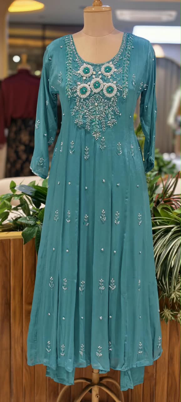 Sequin Elegance Premium Embroidered Yoke Chinon Anarkali Full Suit Set With Dupatta- 16314