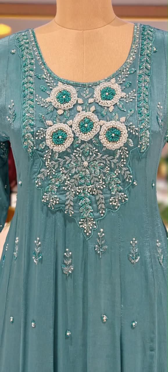 Sequin Elegance Premium Embroidered Yoke Chinon Anarkali Full Suit Set With Dupatta- 16314