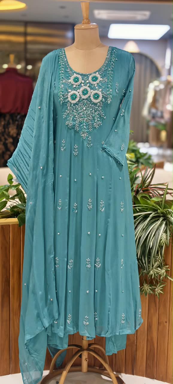 Sequin Elegance Premium Embroidered Yoke Chinon Anarkali Full Suit Set With Dupatta- 16314