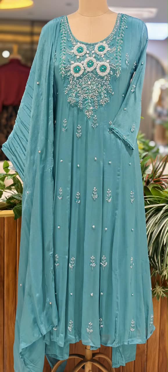 Sequin Elegance Premium Embroidered Yoke Chinon Anarkali Full Suit Set With Dupatta- 16314