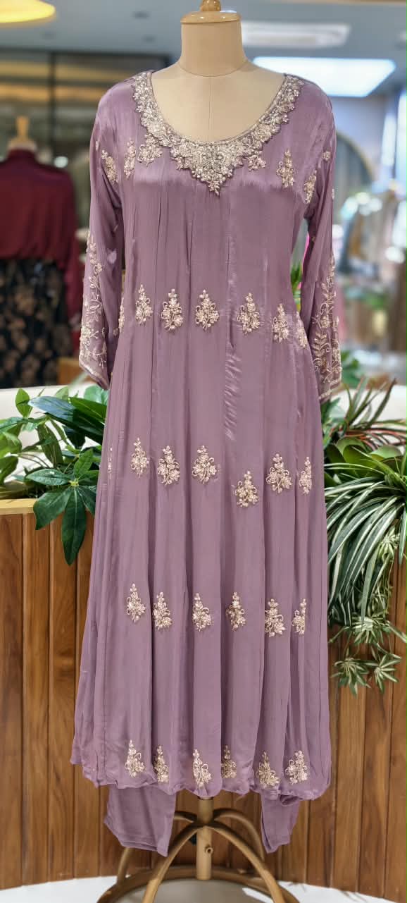 Elegant Mauve Designer Embroidery Work Heavy Panels Chinon Anarkali Full Suit Set With Dupatta- 16326