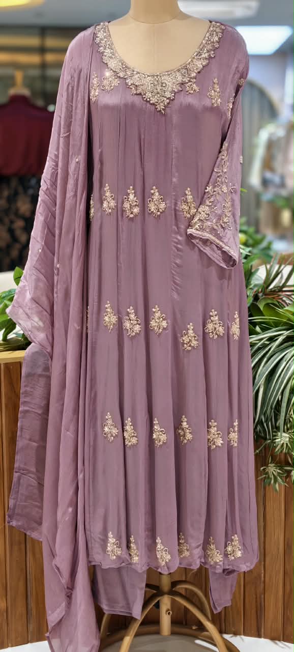 Elegant Mauve Designer Embroidery Work Heavy Panels Chinon Anarkali Full Suit Set With Dupatta- 16326