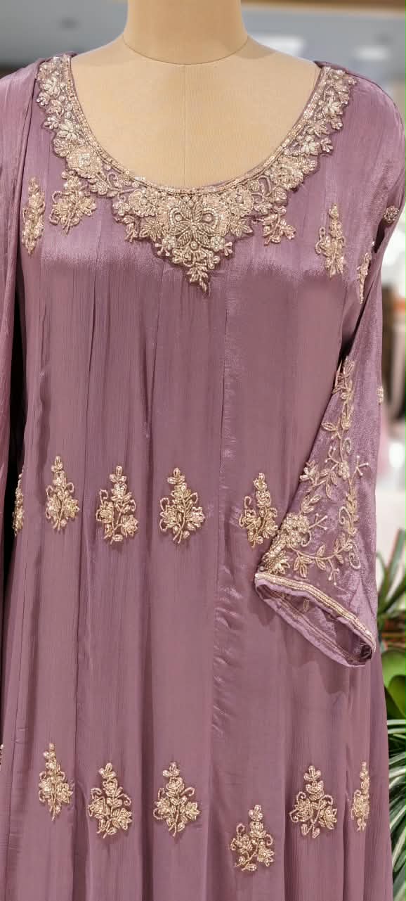Elegant Mauve Designer Embroidery Work Heavy Panels Chinon Anarkali Full Suit Set With Dupatta- 16326