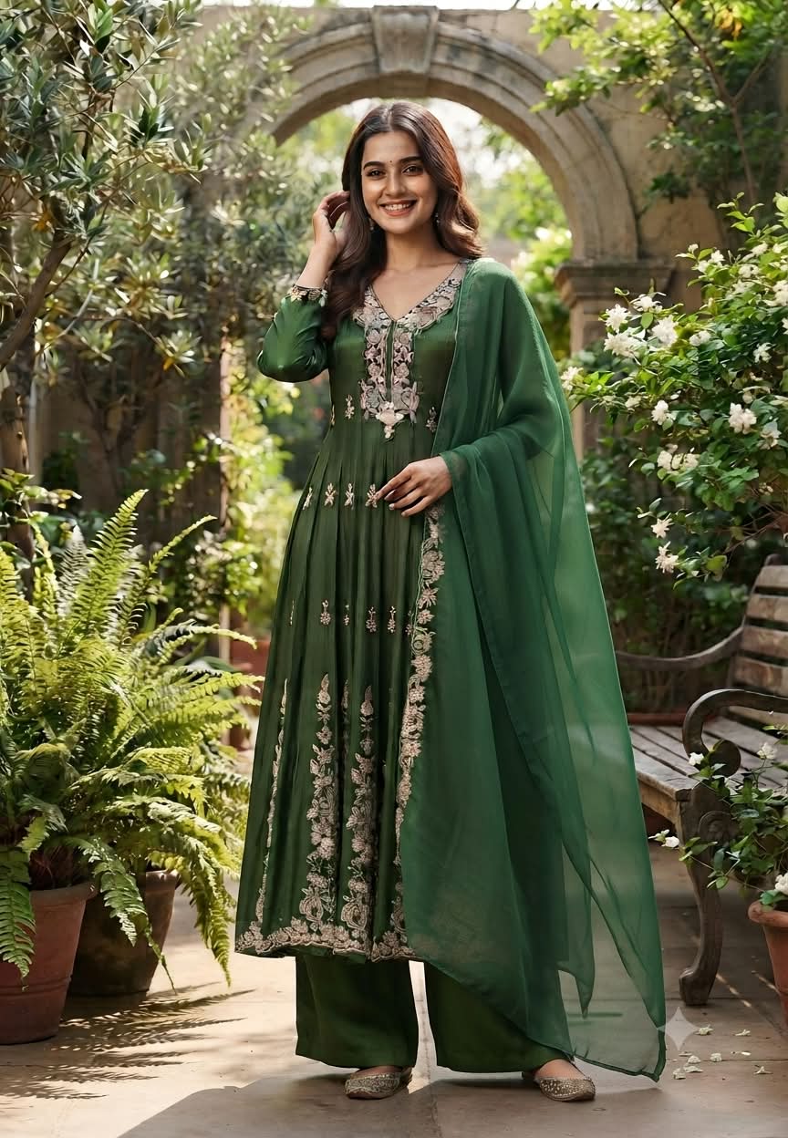Graceful Green Elegant Embroidery Heavy Panels Chinon Anarkali Full Suit Set With Dupatta- 16325
