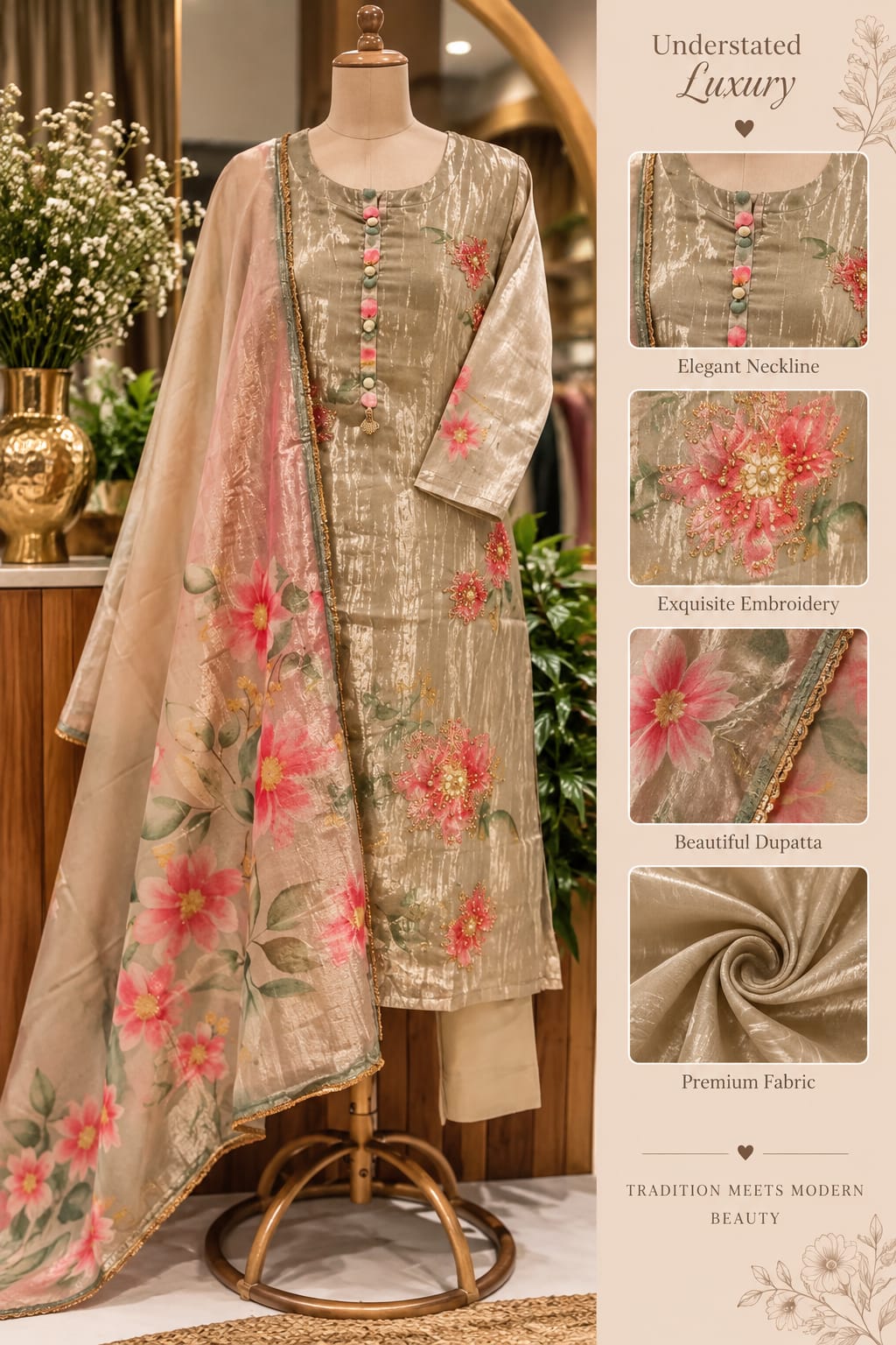 Cute Floral Prints With Delicate Embroidery Outlines Crush Tissue Full Suit Set With Dupatta- 16311