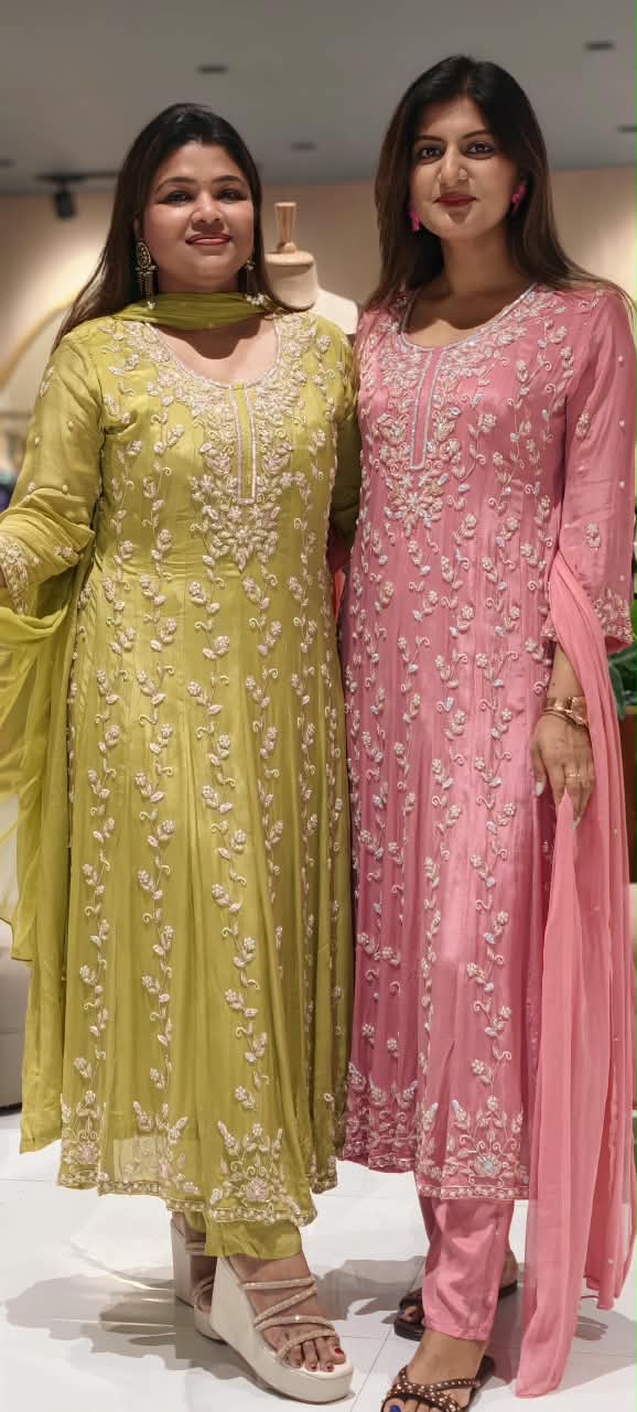 Fully Cut-Dana Hand Embroidered Heavy Panel Anarkali Full Suit Set With Dupatta In Chinon Fabric- 16324