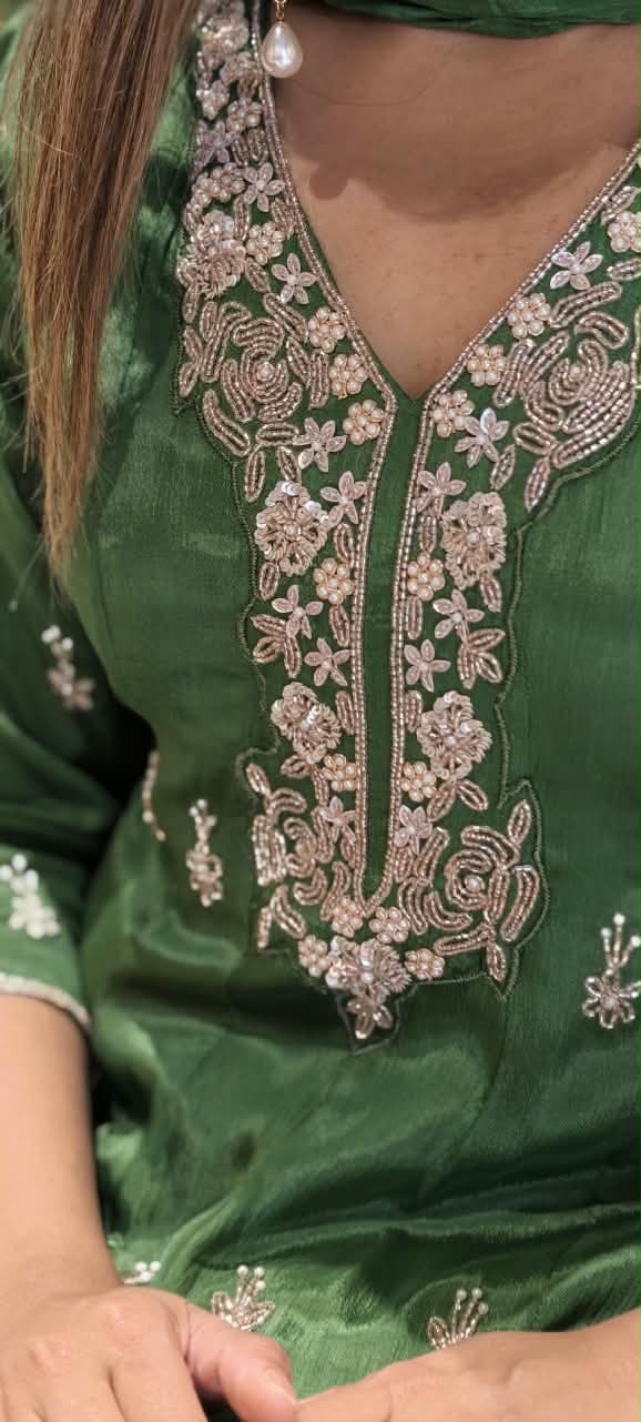 Graceful Green Elegant Embroidery Heavy Panels Chinon Anarkali Full Suit Set With Dupatta- 16325