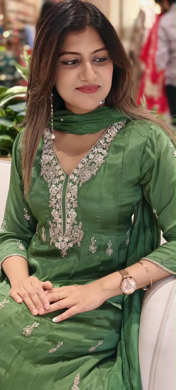 Graceful Green Elegant Embroidery Heavy Panels Chinon Anarkali Full Suit Set With Dupatta- 16325