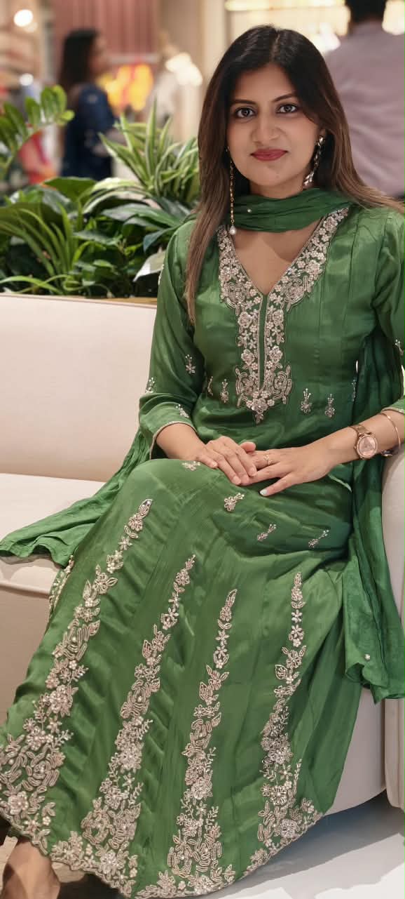 Graceful Green Elegant Embroidery Heavy Panels Chinon Anarkali Full Suit Set With Dupatta- 16325