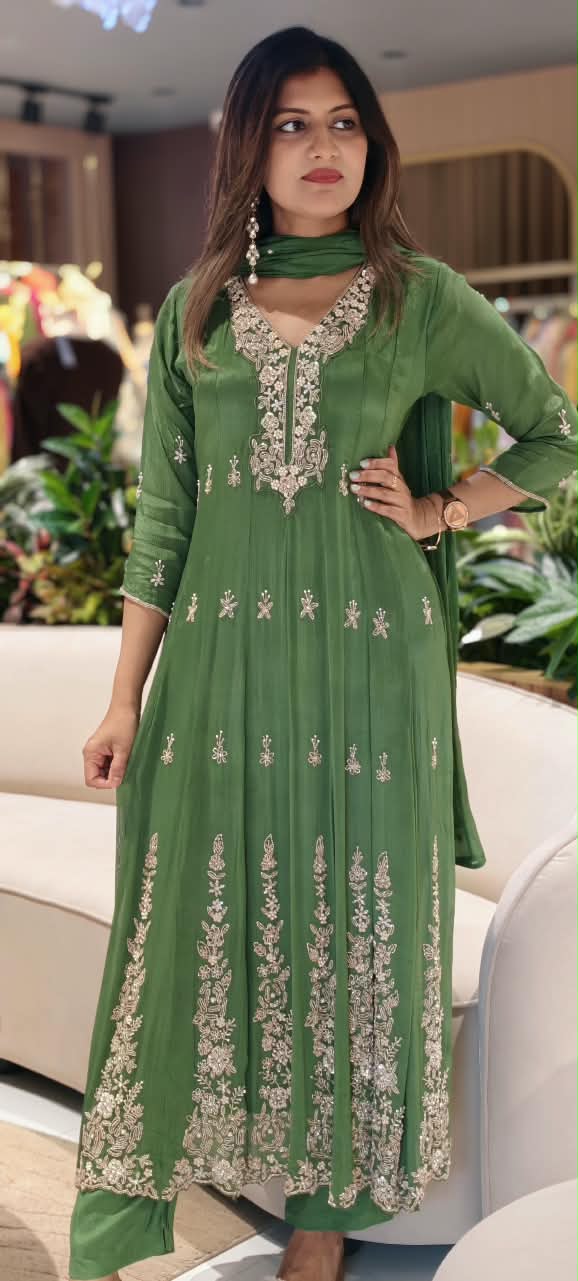 Graceful Green Elegant Embroidery Heavy Panels Chinon Anarkali Full Suit Set With Dupatta- 16325