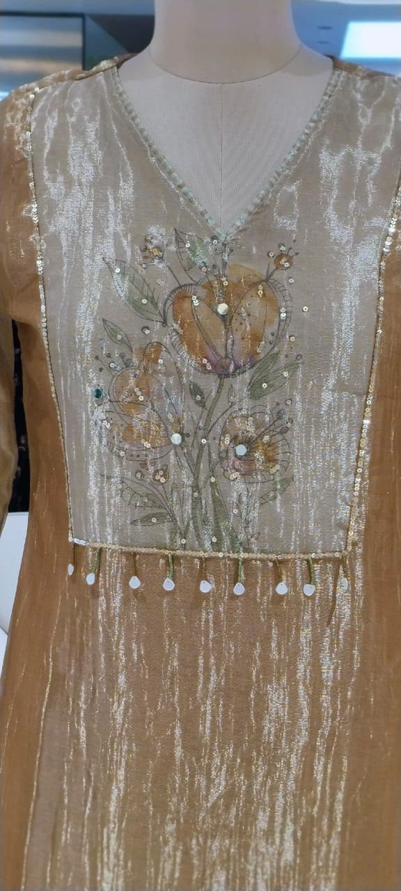 Digital Floral Printed Boxed Yoke With Tiny Foil Tassels Tissue Full Suit Set With Dupatta- 16298
