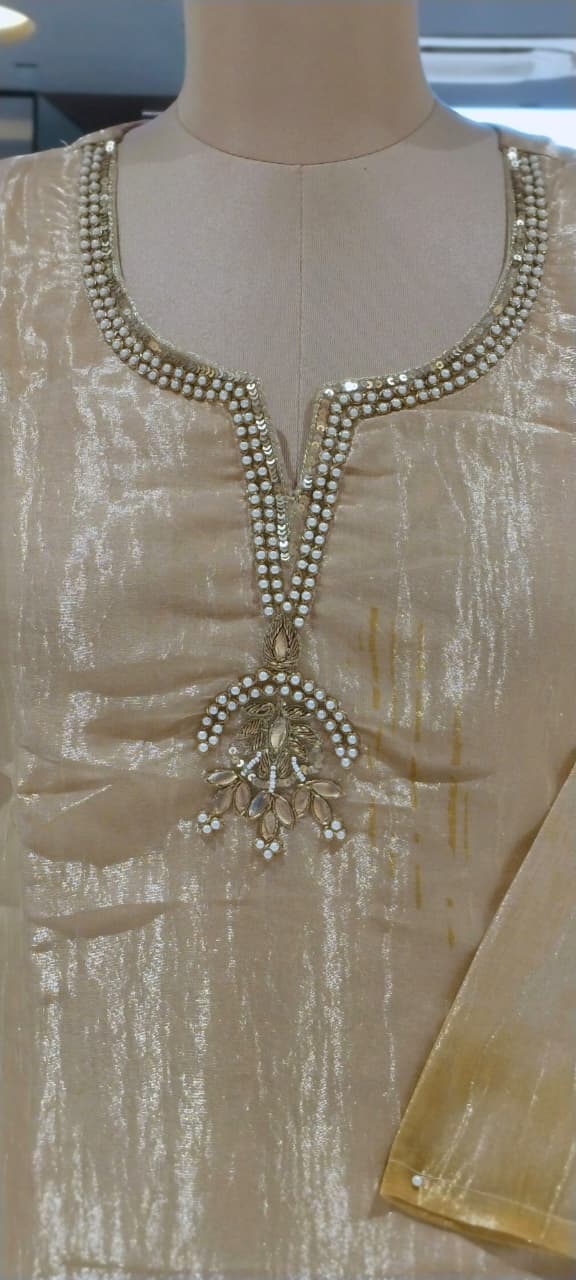 Kundan Look Embroidery Neckline Minimal Ombre Tone Tissue Full Suit Set With Dupatta- 16310