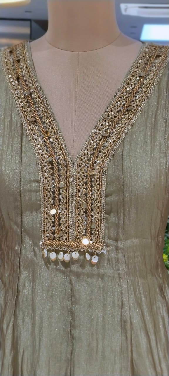 Premium Beaded Embroidery Neckline With Foil Coin Tassels Crush Tissue Panel Anarkali Full Suit Set With Dupatta- 16304