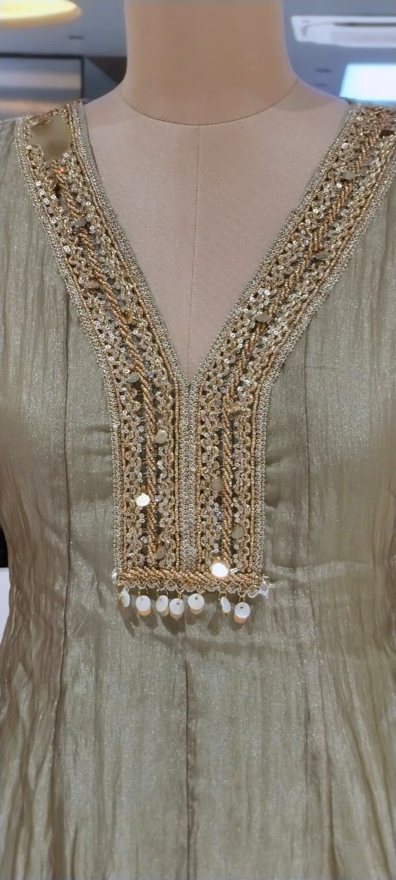 Premium Beaded Embroidery Neckline With Foil Coin Tassels Crush Tissue Panel Anarkali Full Suit Set With Dupatta- 16304