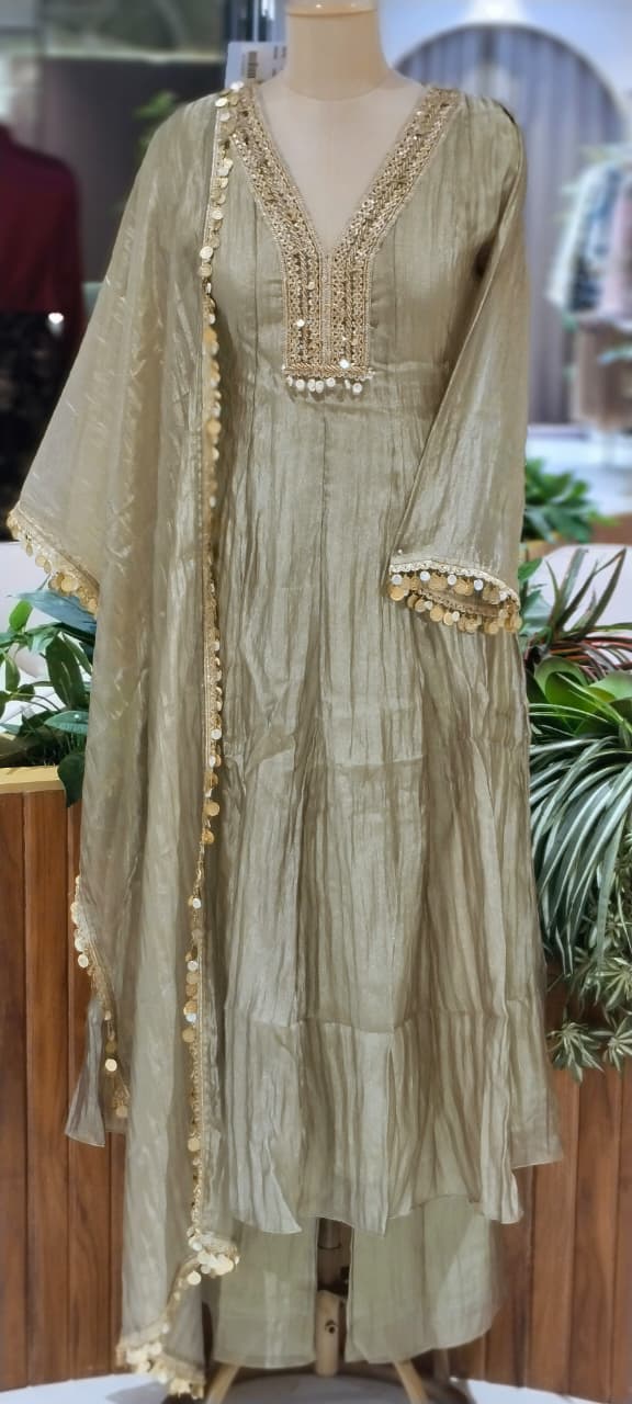 Premium Beaded Embroidery Neckline With Foil Coin Tassels Crush Tissue Panel Anarkali Full Suit Set With Dupatta- 16304