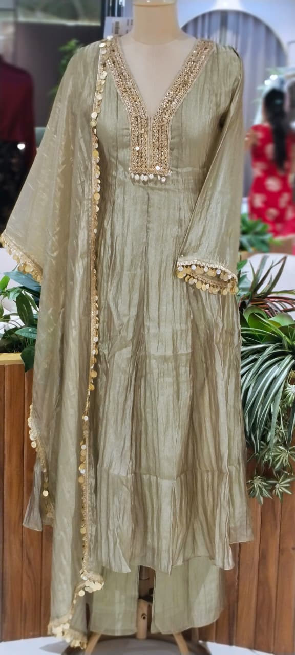 Premium Beaded Embroidery Neckline With Foil Coin Tassels Crush Tissue Panel Anarkali Full Suit Set With Dupatta- 16304