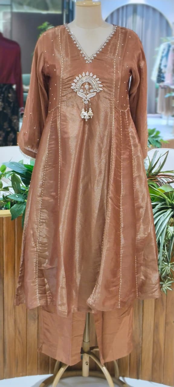 Premium Designer Kundan Look Embroidered Tissue Lace Panel Anarkali Full Suit Set With Dupatta- 16297