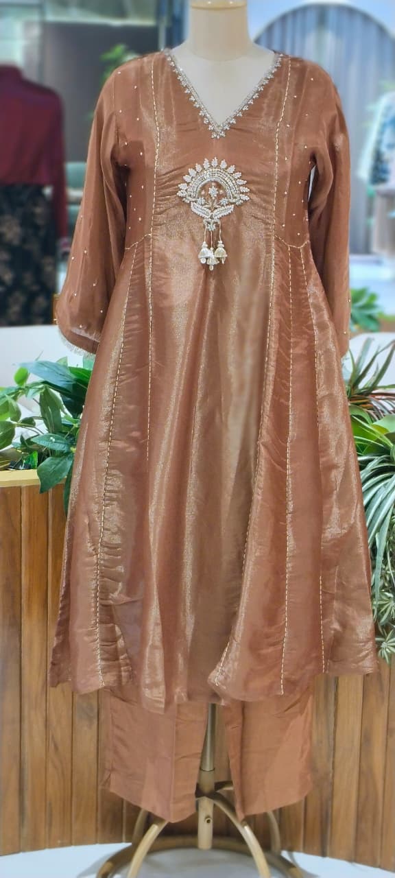 Premium Designer Kundan Look Embroidered Tissue Lace Panel Anarkali Full Suit Set With Dupatta- 16297
