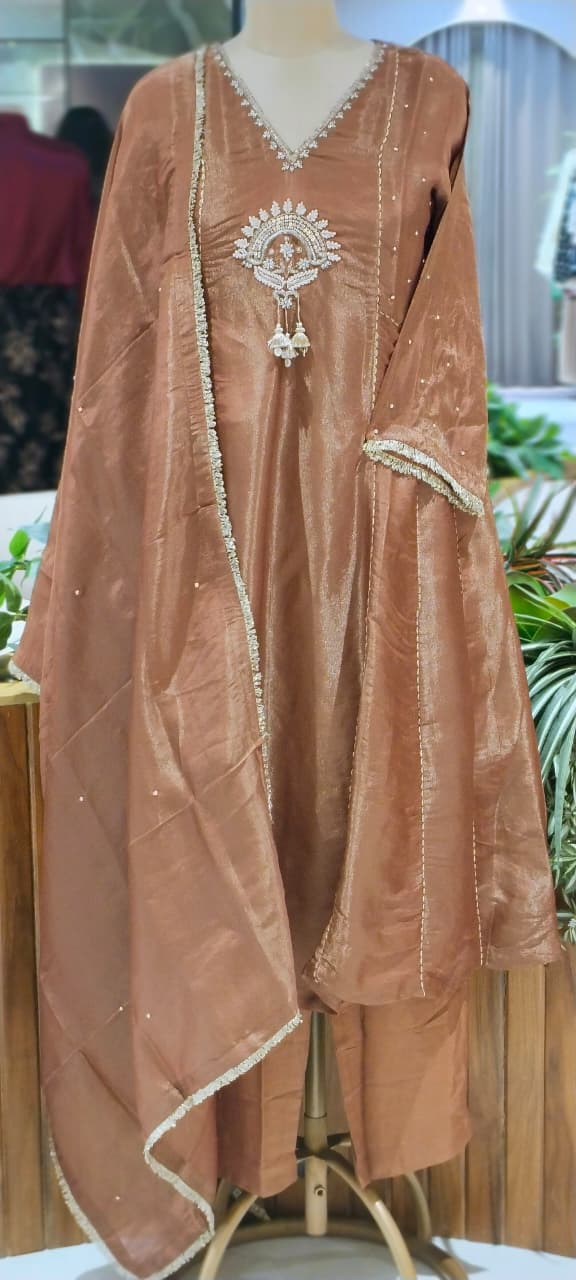 Premium Designer Kundan Look Embroidered Tissue Lace Panel Anarkali Full Suit Set With Dupatta- 16297