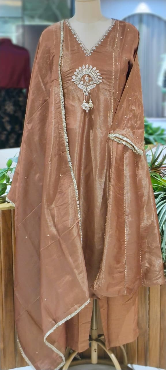 Premium Designer Kundan Look Embroidered Tissue Lace Panel Anarkali Full Suit Set With Dupatta- 16297