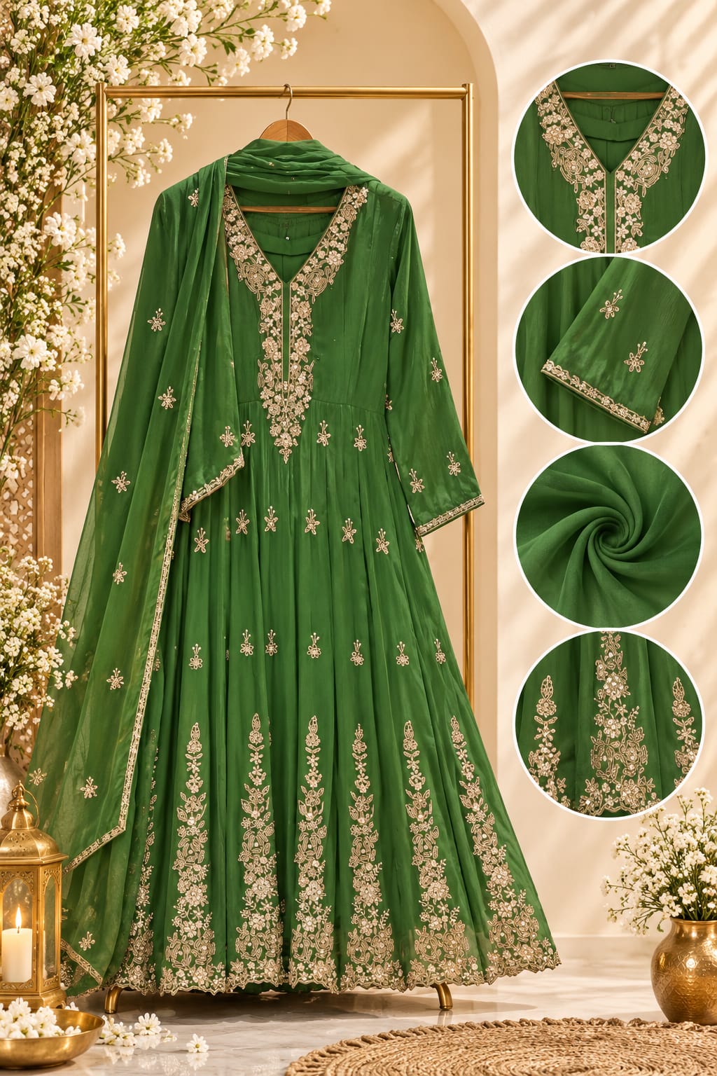 Graceful Green Elegant Embroidery Heavy Panels Chinon Anarkali Full Suit Set With Dupatta- 16325