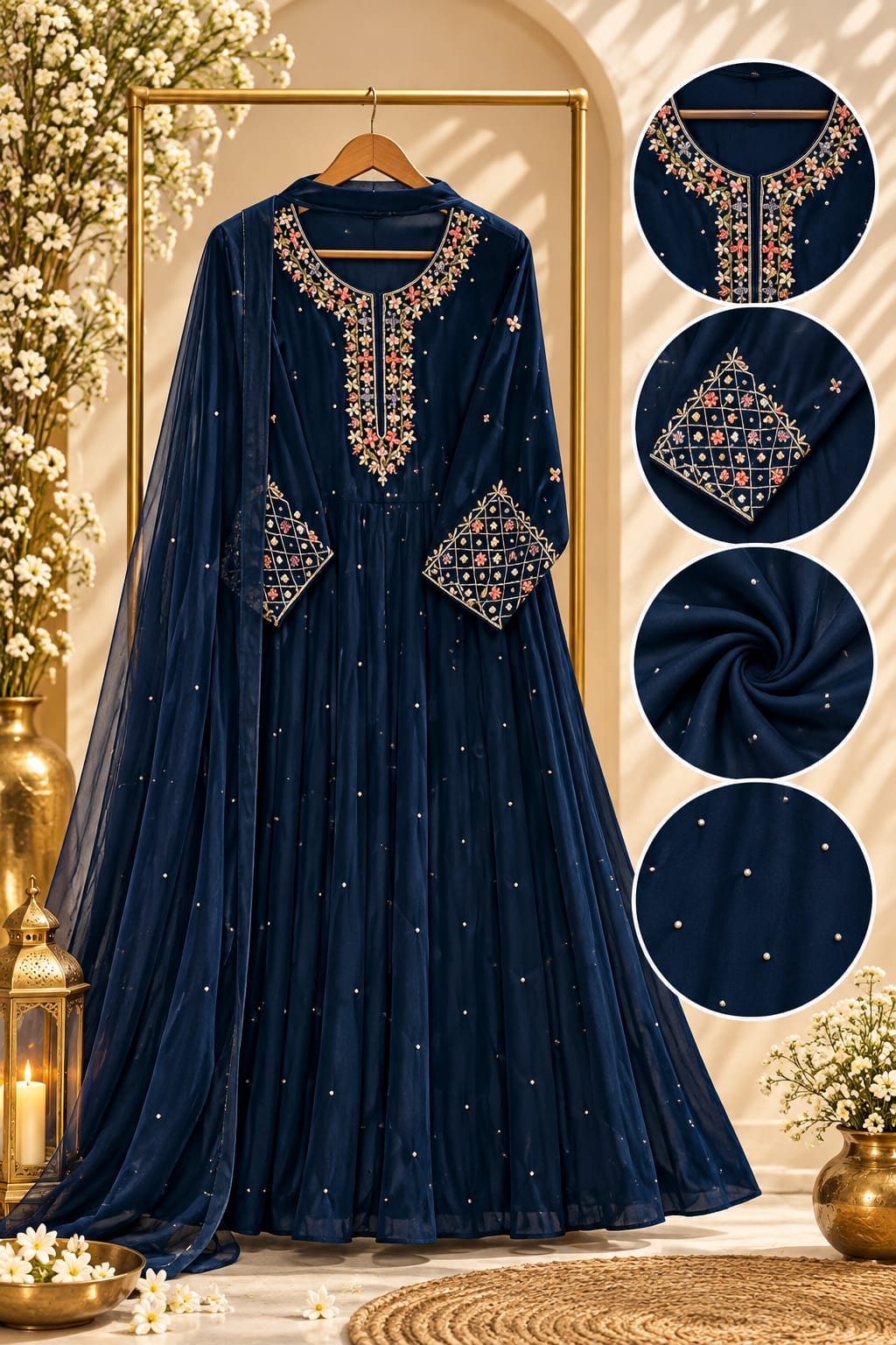 Royal Vibrant Shade Intricate Embroidered Neckline Scattered Stone Chinon Panel Anarkali Full Suit Set With Dupatta- 16328