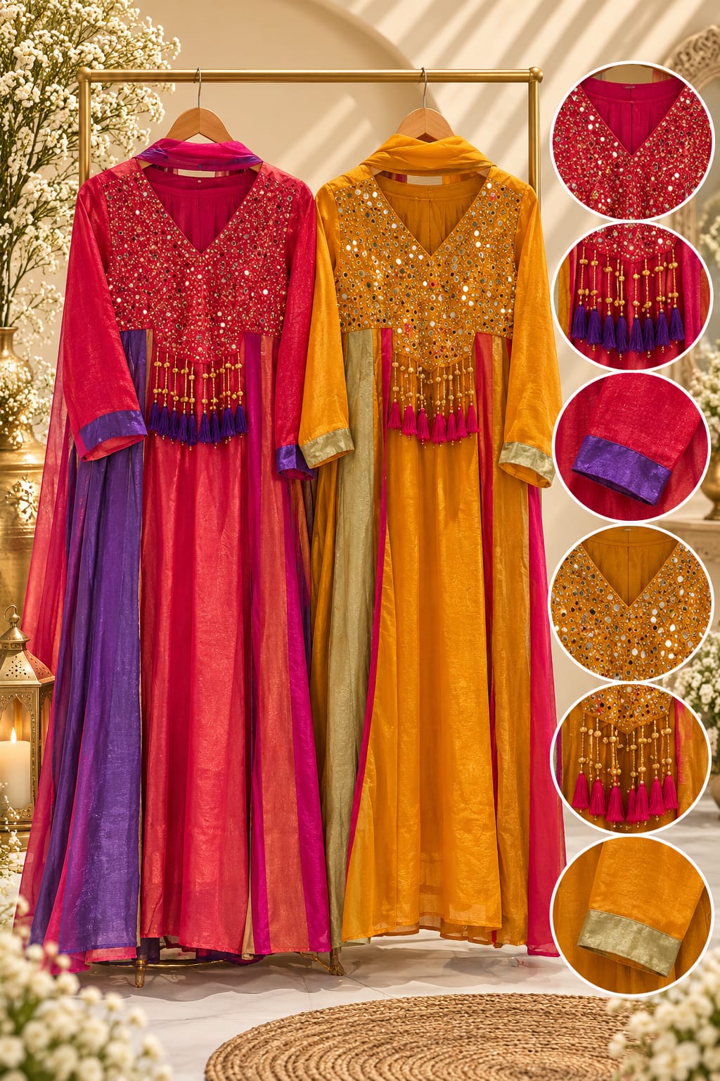 Orange Tissue Mirror Work Panel Anarkali Full Suit Set with Ghungroo Tassel Yoke Detailing & Striped Side Panels- 16231