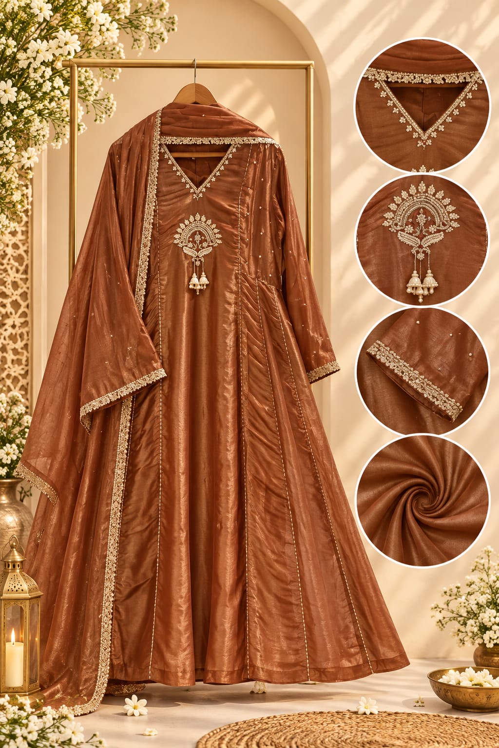 Premium Designer Kundan Look Embroidered Tissue Lace Panel Anarkali Full Suit Set With Dupatta- 16297