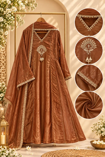 Premium Designer Kundan Look Embroidered Tissue Lace Panel Anarkali Full Suit Set With Dupatta- 16297